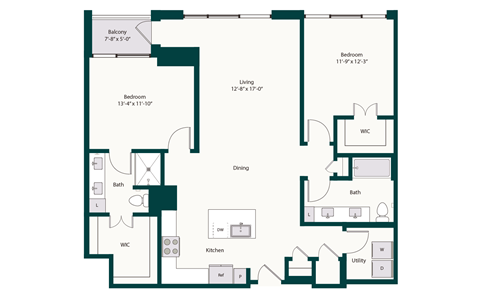 Floor plan for 2 beds, 2 baths, 1333 sqft